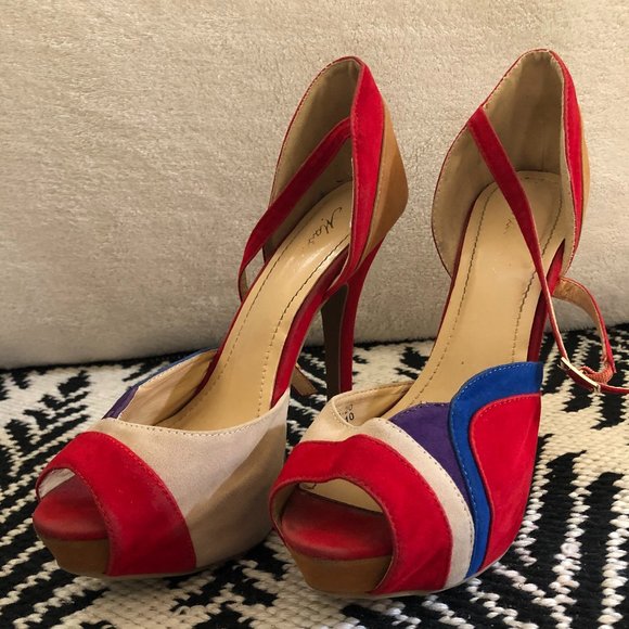 Red Navy Blue Tan Stiletto Heels - Picture 1 of 11